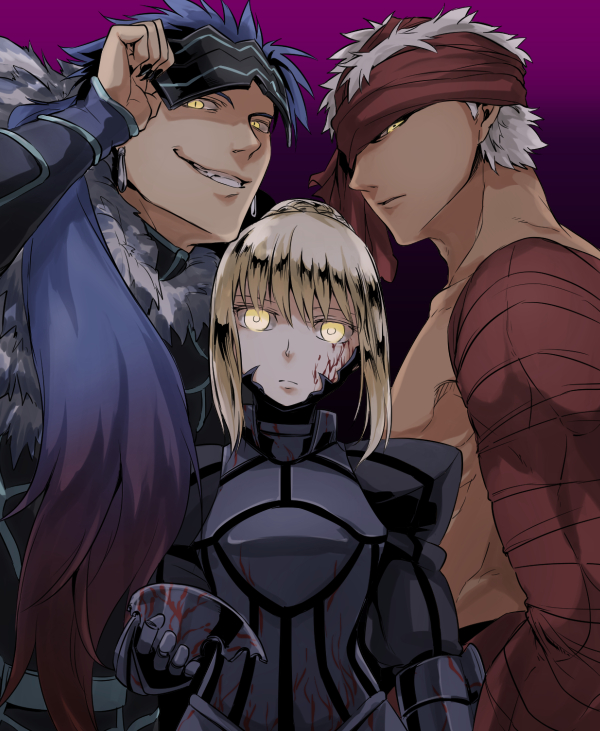 1girl, 2boys, archer_(fate), archer_(prisma_illya), artoria_pendragon_(fate), bad_id, bad_pixiv_id, cu_chulainn_(fate), dark_persona, fate/kaleid_liner_prisma_illya, fate/stay_night, fate_(series), headband, multiple_boys, saber_(fate), saber_alter, saber_alter_(fate/stay_night), sake_(kadai), type-moon, visor, yellow_eyes