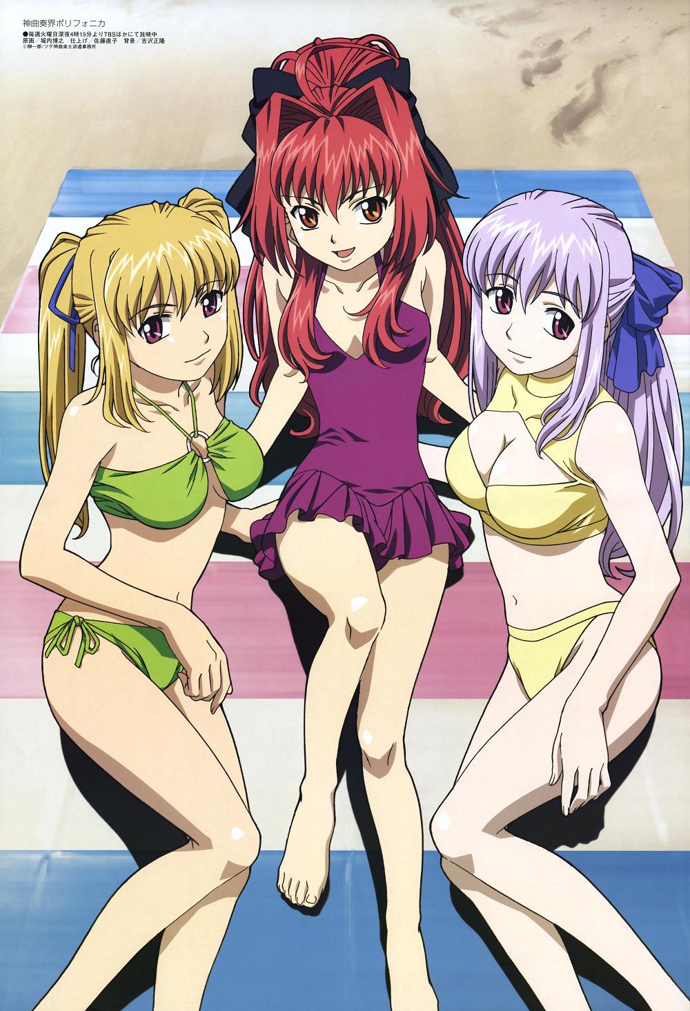 00s, 3girls, :d, ahoge, arm_around_another's_waist, barefoot, beach, beach_towel