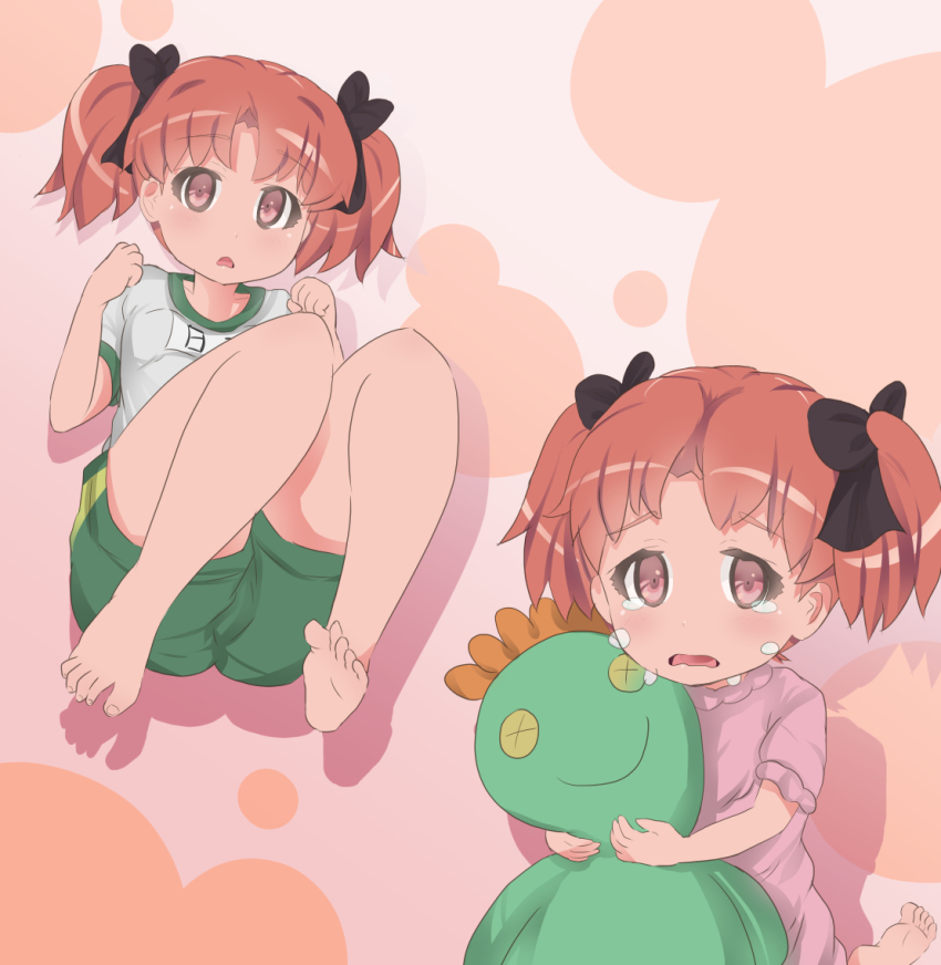 2girls, aged_down, ascii_media_works, bad_id, bad_pixiv_id, barefoot, bow, braid