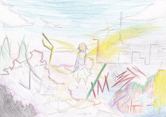 1girl, blonde_hair, colorful, dissolving, edamame1555, female_focus, game_cg, short_hair