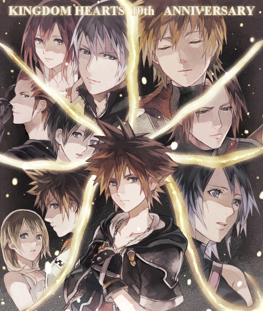 4girls, 6+boys, alternate_hairstyle, aqua_(kingdom_hearts), axel, black_coat_(kingdom_hearts), black_hair, blonde_hair