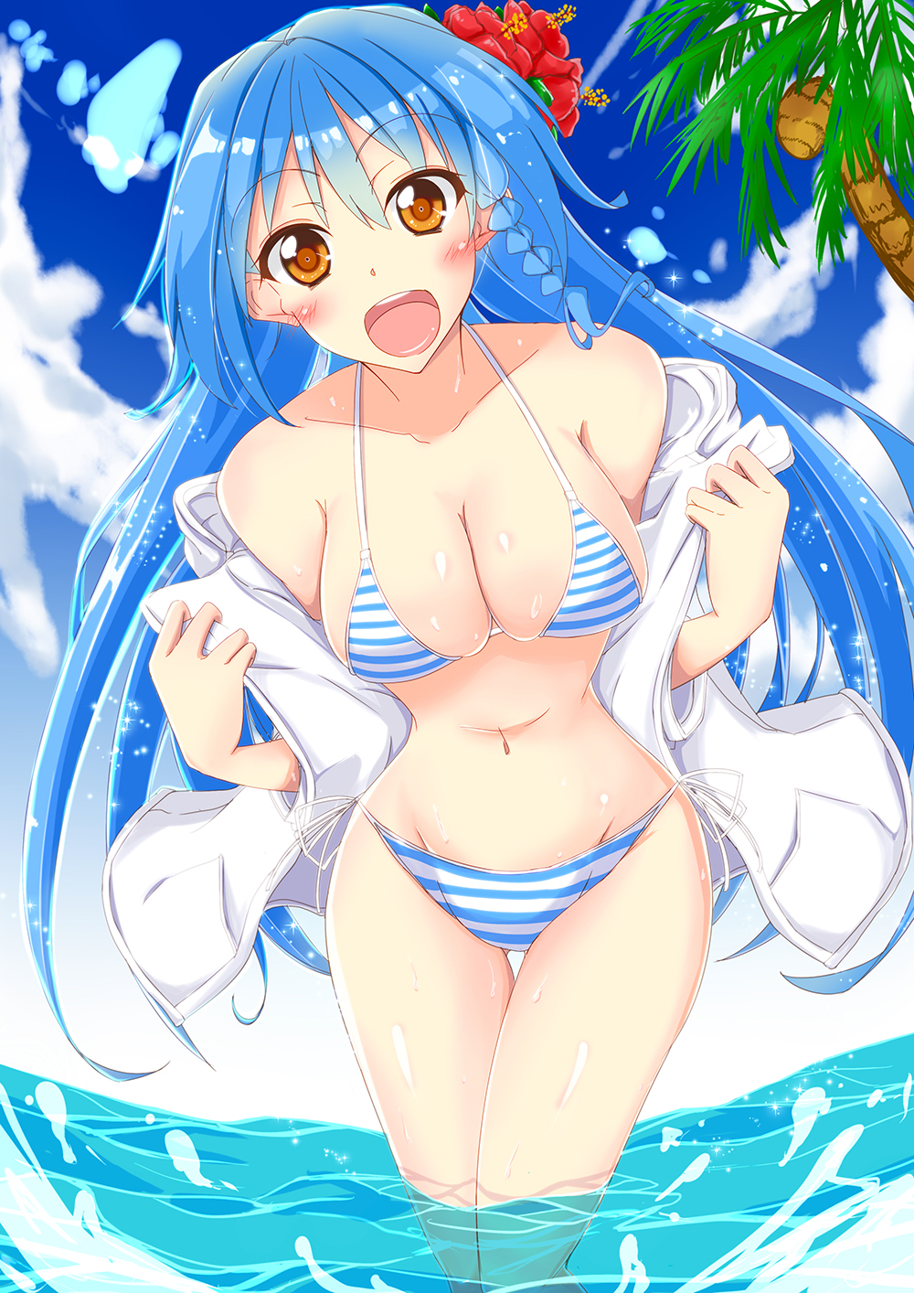 1girl, bikini, blue_hair, braid, breasts, cleavage, day, female_focus