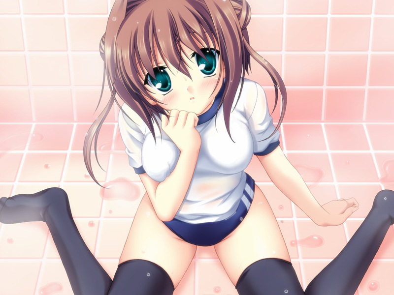 00s, 1girl, asakura_yume, black_thighhighs, blue_buruma, blush, breasts, brown_hair, buruma, da_capo, da_capo_ii, double_bun, female_focus, game_cg, green_eyes, gym_uniform, hair_bun, looking_at_viewer, medium_breasts, onnanoko_suwari, open_mouth, shirt, short_sleeves, sitting, solo, tanihara_natsuki, thighhighs, wet, white_shirt