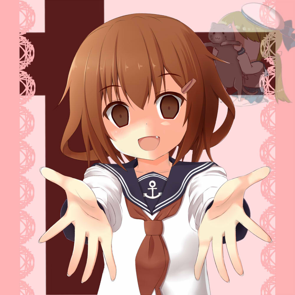 10s, 2girls, batsubyou, blush, brown_eyes, brown_hair, cat, empty_eyes, error_musume, fang, girl_behind_a_cat_(kancolle), girl_holding_a_cat_(kancolle), hair_ornament, hairclip, hat, ikazuchi_(kancolle), kantai_collection, long_hair, long_sleeves, multiple_girls, negishio, open_mouth, personification, school_uniform, serafuku, short_hair, smile, twintails, yandere
