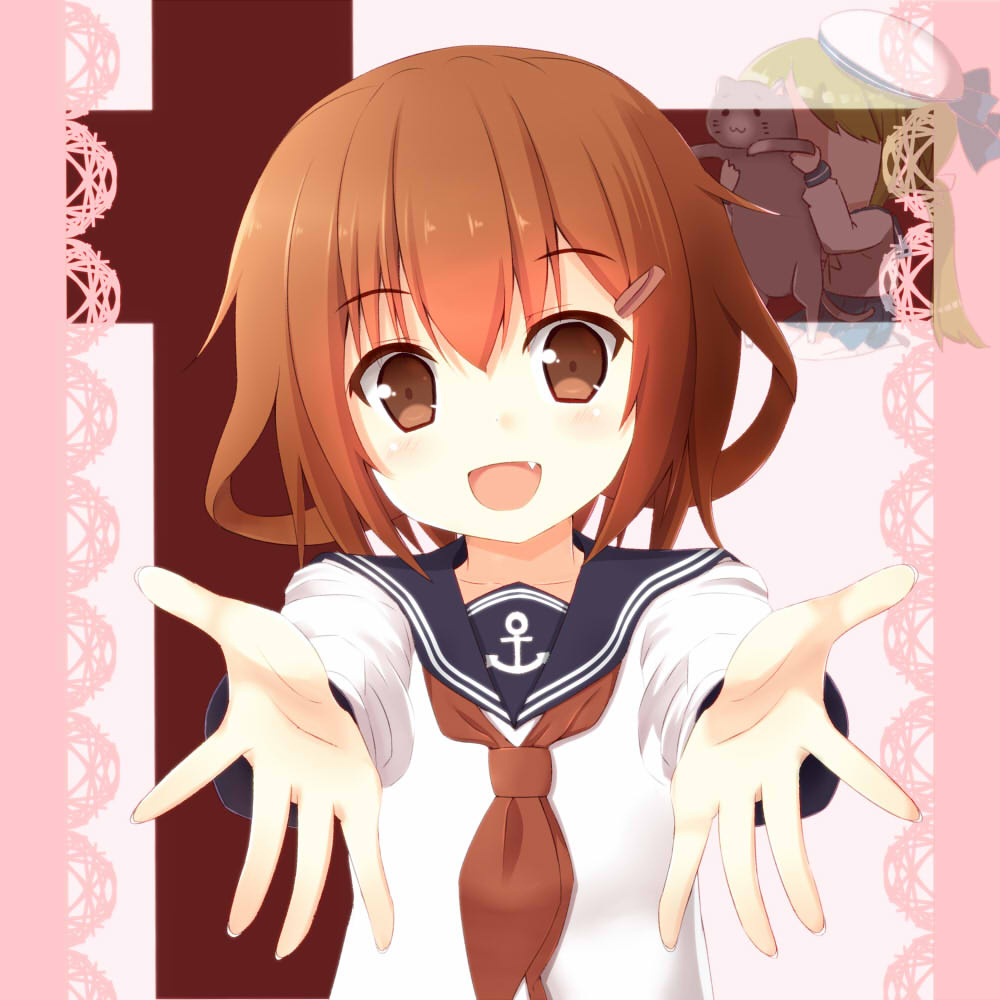 10s, 2girls, batsubyou, blush, brown_eyes, brown_hair, cat, error_musume