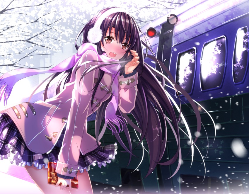 1girl, black_hair, blush, box, brown_eyes, coat, earmuffs, enpera, female_focus, fringe_trim, gift, gift_box, head_warmer, long_hair, open_mouth, original, petals, pink_scarf, plaid_clothes, plaid_skirt, scarf, school_uniform, skirt, smile, solo, swordsouls, train