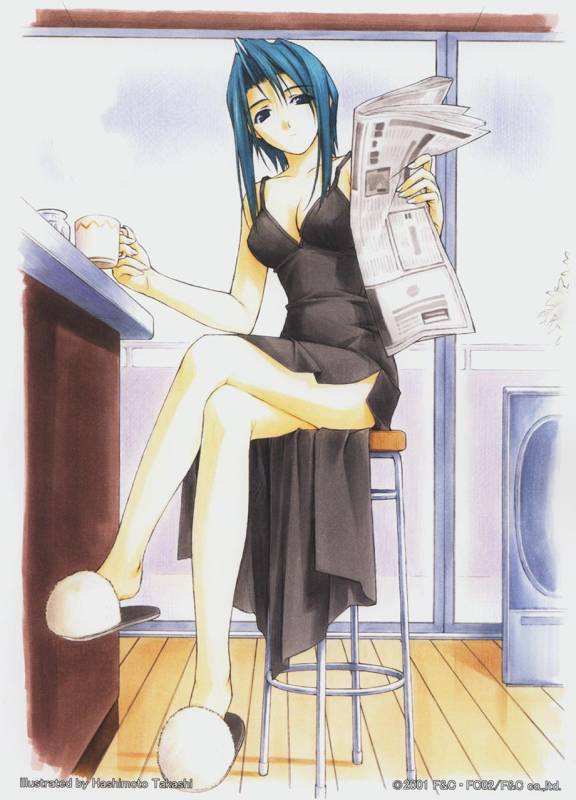 1990s_(style), 1girl, blue_hair, breasts, cleavage, crossed_legs, cup, dress