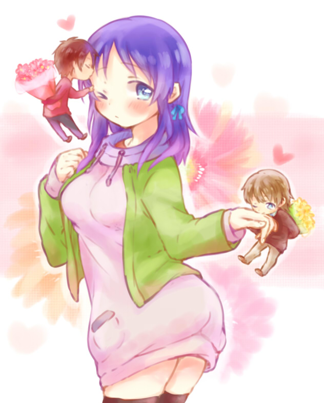 10s, 1girl, 2boys, blue_eyes, blue_hair, bouquet, dress, flower, hiradaira_chisaki, isaki_kaname, kihara_tsumugu, kiss, kissing_forehead, kissing_hand, long_hair, mini_person, miniboy, multiple_boys, nagi_no_asukara, nanaribon, one_eye_closed, thighhighs, wink