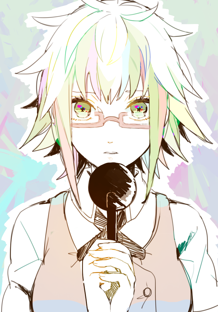1girl, alternate_costume, bad_id, bad_pixiv_id, blouse, female_focus, glasses, green_eyes