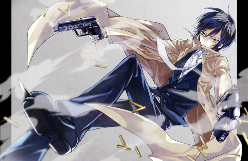 1boy, black_hair, bullet, etsusa_bridge, etsusa_oohashi, finger_on_trigger, gloves, gun