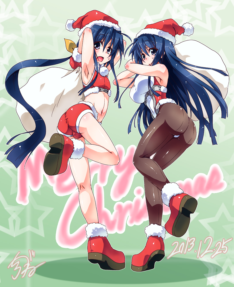 1boy, 1girl, armpits, ass, azuma_(horizon), blue_hair, bodysuit, christmas, dated, dual_persona, gender_request, genderswap, gloves, hat, long_hair, merry_christmas, midriff, navel, open_mouth, owari_no_chronicle, pantyhose, ponytail, sack, santa_costume, santa_hat, shinjou_sadagiri, shinjou_sadame, shinjou_setsu, shirogane_(cufsser), shorts