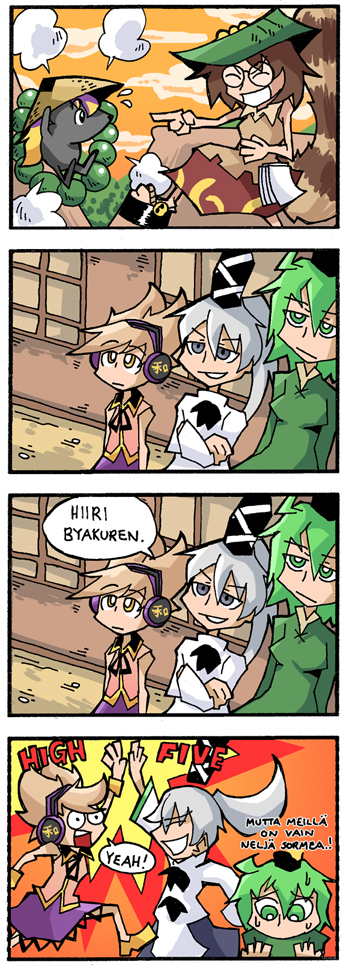 4girls, 4koma, ajirogasa, animalization, brown_hair, comic, english_text, finnish_text, fourth_wall, futatsuiwa_mamizou, gameplay_mechanics, green_eyes, green_hair, hat, high_five, hijiri_byakuren, hijiri_byakuren_(mouse), hopeless_masquerade, mononobe_no_futo, mouse_(animal), multiple_girls, ponytail, pun, setz, soga_no_tojiko, touhou, toyosatomimi_no_miko, transformation