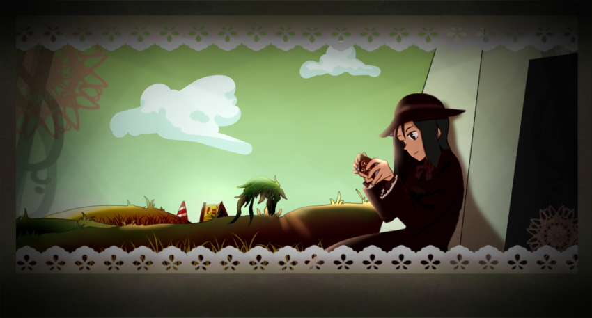 1girl, bad_id, bad_pixiv_id, black_hair, cloud, dress, female_focus, hat