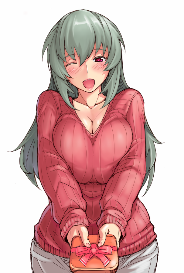 1girl, ;d, aged_up, blush, breasts, breasts_squeezed_together, cleavage, female_focus