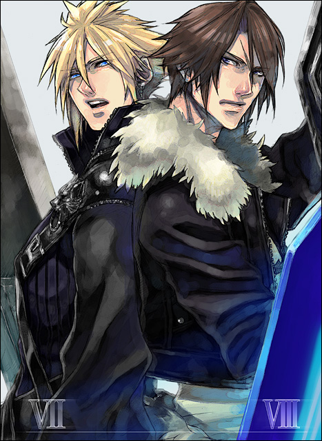 1990s_(style), 2boys, blonde_hair, blue_eyes, brown_hair, cloud_strife, final_fantasy, final_fantasy_vii