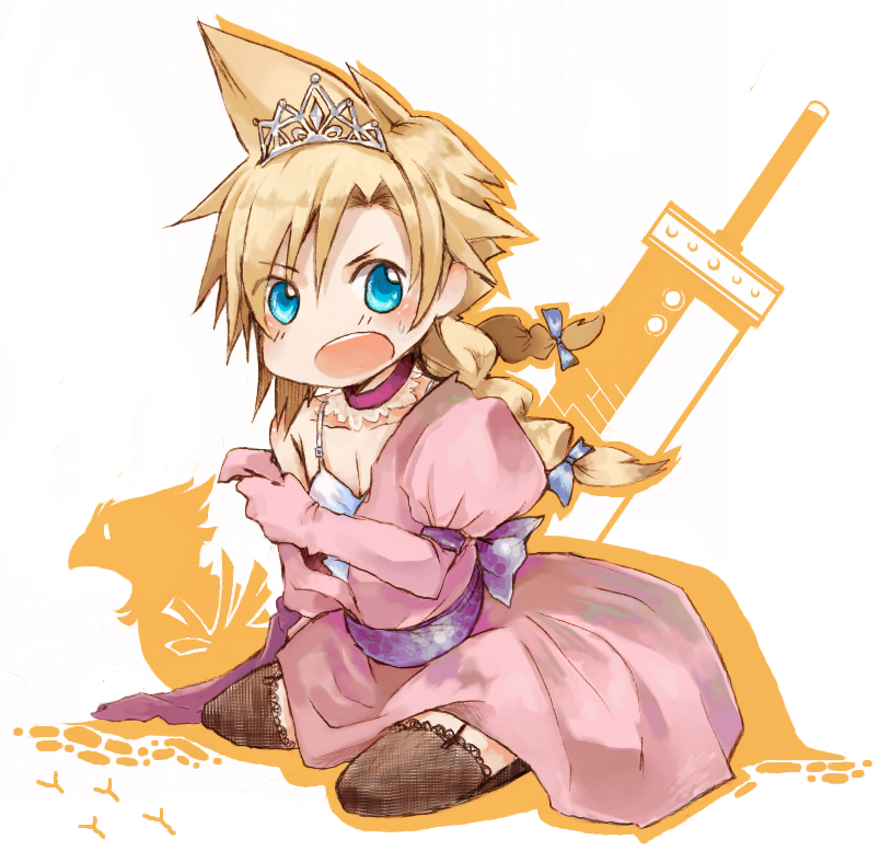 1990s_(style), blonde_hair, blue_eyes, bra, braid, choker, cloud_strife, dress, final_fantasy, final_fantasy_vii, fishnet_legwear, fishnets, garter_straps, haro_27, low_twintails, open_mouth, thighhighs, tiara, twin_braids, twintails, underwear