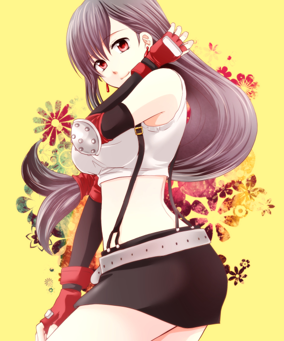 1990s_(style), 1girl, brown_hair, earrings, elbow_gloves, female_focus, final_fantasy, final_fantasy_vii, fingerless_gloves, gloves, jewelry, long_hair, looking_at_viewer, low-tied_long_hair, mochi_(tukimo), red_eyes, retro_artstyle, skirt, smile, solo, suspenders, tifa_lockhart, very_long_hair