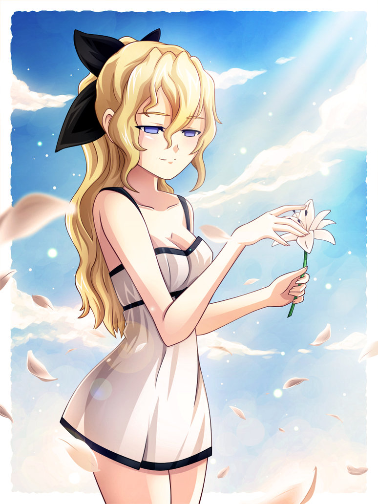 10s, 1girl, bare_shoulders, blonde_hair, blue_eyes, blue_sky, blush, bow, breasts, cleavage, cloud, day, dmy-gfx, dress, female_focus, flower, from_side, hair_between_eyes, hair_bow, half-closed_eyes, high_ponytail, holding, katawa_shoujo, lens_flare, light_rays, light_smile, lily_(flower), long_hair, looking_down, name_connection, object_namesake, outdoors, petals, ponytail, satou_lilly, scott_bennett, see-through_silhouette, short_dress, sidelocks, sky, solo, standing, sunbeam, sundress, sunlight, wavy_hair, white_dress