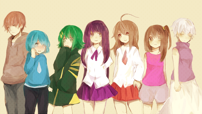 .flow, 2boys, 5girls, ahoge, answered_prayers, bad_id, bad_pixiv_id, blue_hair, blush, brown_hair, closed_eyes, crossover, eric_(ubok.), fluorette, hair_ornament, hairclip, hand_on_own_hip, if_(game), long_hair, long_sleeves, looking_away, lost_game, multiple_boys, multiple_girls, nakitsuki, neck_ribbon, necktie, our_crazy_dream, pleated_skirt, pomuta_(tama922), purple_hair, ribbon, sabitsuki, sakura_(lost_game), school_uniform, shimitsuki, short_hair, skirt, sleeveless, sleeveless_turtleneck, sleeves_past_wrists, sometsuki, tama922, turtleneck, ubok., ultra_violet_(game)