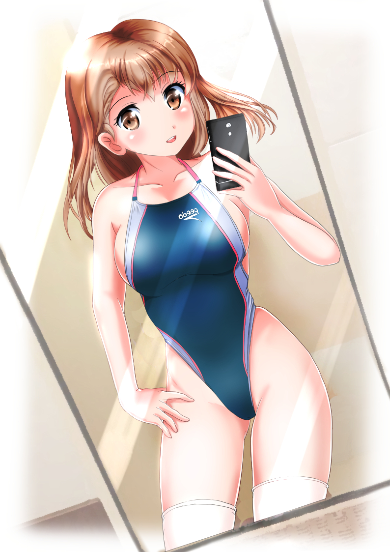 1girl, brand_name_imitation, breasts, brown_eyes, brown_hair, cellphone, competition_swimsuit, highleg