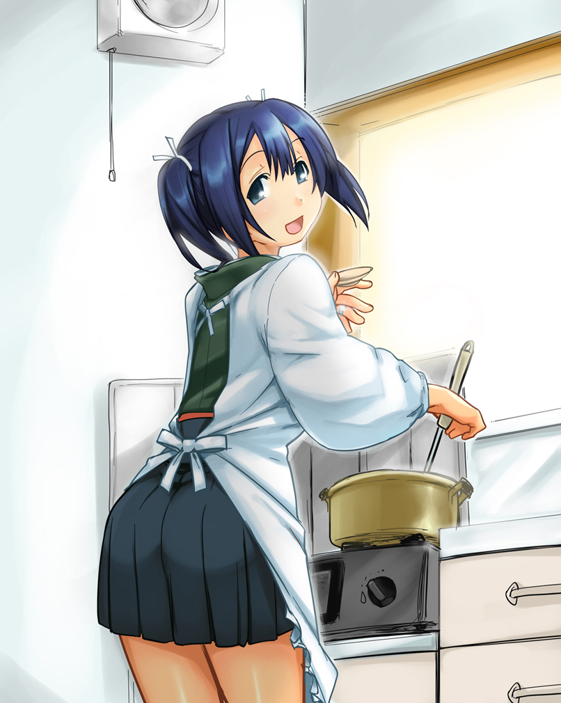 10s, 1girl, :d, apron, back, blue_eyes, blue_hair, blush