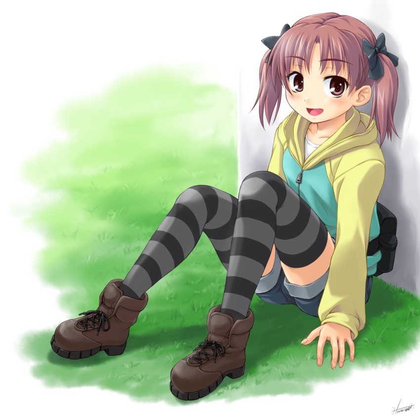 1girl, :d, against_wall, aged_down, blush, boots, bow, brown_eyes