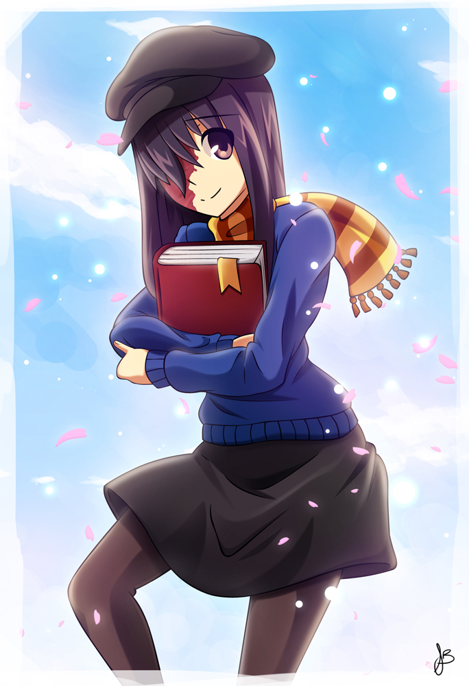 10s, 1girl, blue_sky, book, bookmark, burn_scar, newsboy_cap, day