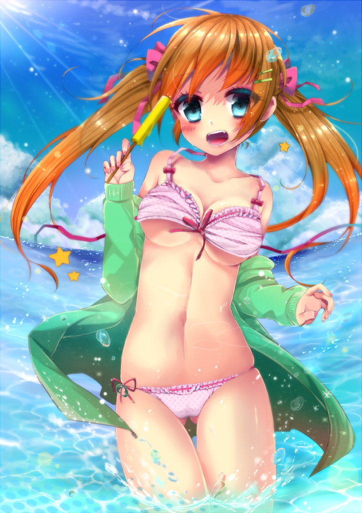 1girl, bikini, blue_eyes, brown_hair, female_focus, food, jacket, long_hair, ocean, original, pink_bikini, popsicle, saijouka_mei, soaking_feet, solo, splashing, star_(symbol), swimsuit, top_of_moe_2014, twintails, wading, water