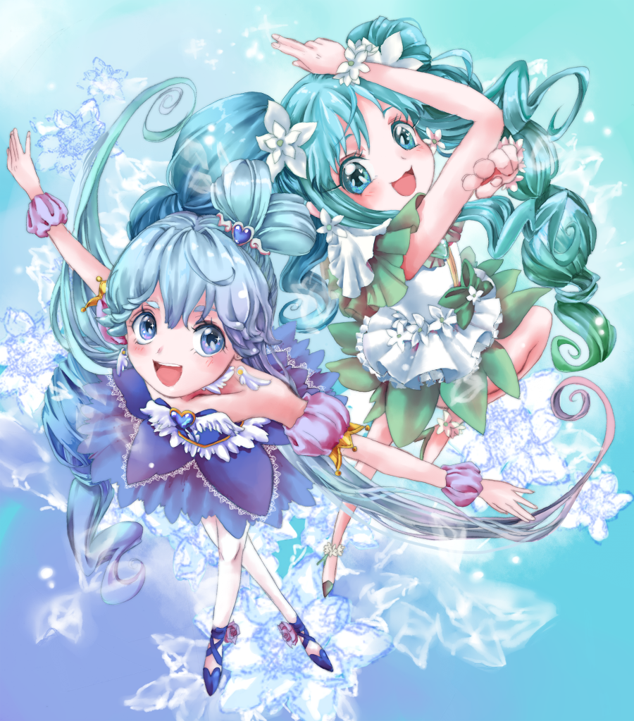 10s, 2girls, alternate_form, ballerina, blue_background, blue_eyes, blue_hair, blue_skirt