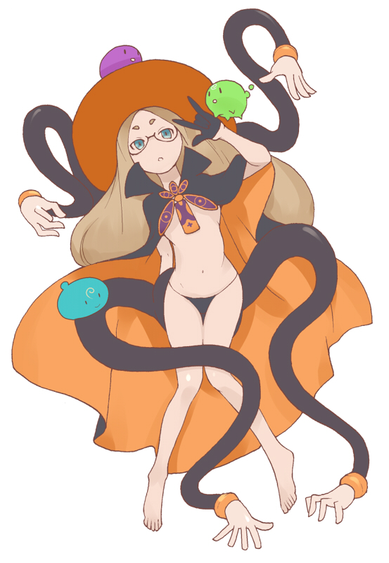 10s, 1girl, bare_legs, barefoot, black_gloves, black_panties, blonde_hair, cloak, female_focus, glasses, gloves, half_gloves, hat, kurukuru_(sekai_seifuku), long_hair, lowleg, lowleg_panties, natasha_(sekai_seifuku), navel, no_mask, panties, professor_um, rota_(bitmap1022), sekai_seifuku:_bouryaku_no_zvezda, solo, underwear