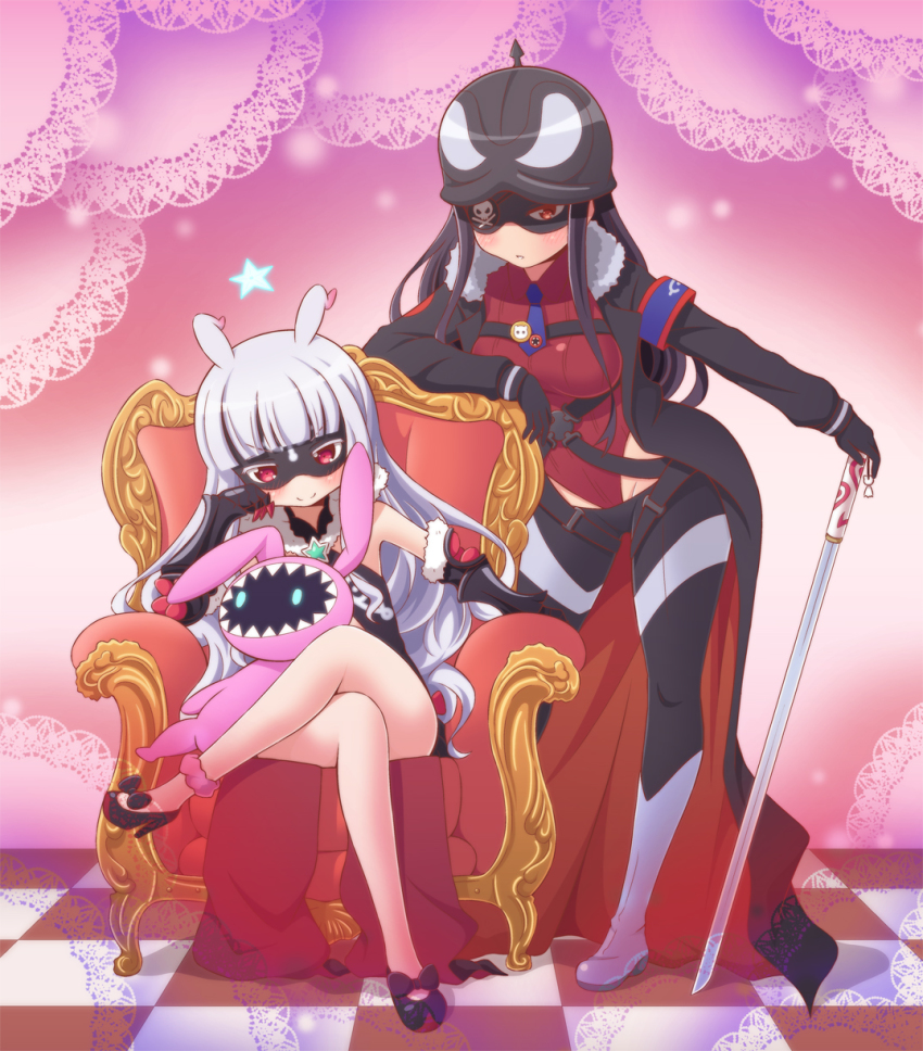 >:), 10s, 2girls, ankle_garter, antenna_hair, armband, armchair, bare_shoulders