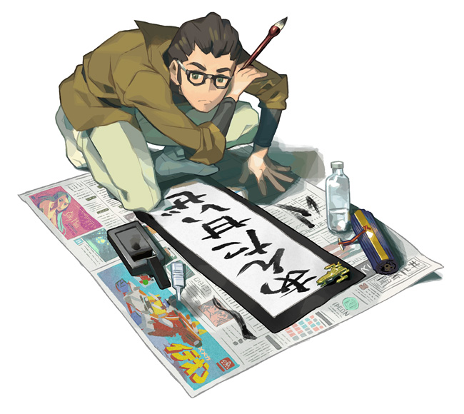 bento_malus, black_hair, bottle, densetsu_kyojin_ideon, glasses, paintbrush, sarmat, solo_ship