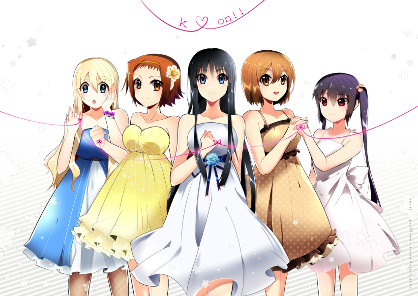 5girls, akiyama_mio, bad_id, bad_pixiv_id, black_hair, blonde_hair, brown_hair, dress
