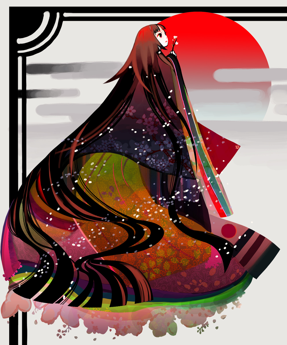 1girl, absurdly_long_hair, bijin, egasumi, female_focus, flower, full_body, heian