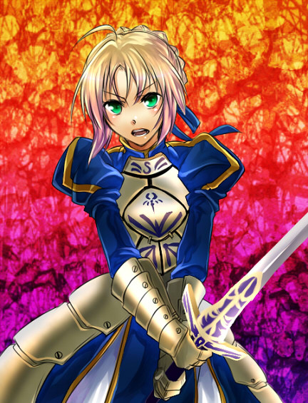 1girl, ahoge, armor, armored_dress, artoria_pendragon_(fate), blonde_hair, caliburn_(fate), dress, fate/stay_night, fate_(series), female_focus, gauntlets, gradient_hair, green_eyes, hair_ribbon, multicolored_hair, pink_hair, ribbon, saber_(fate), solo, sword, wa_(r_waizumi), weapon