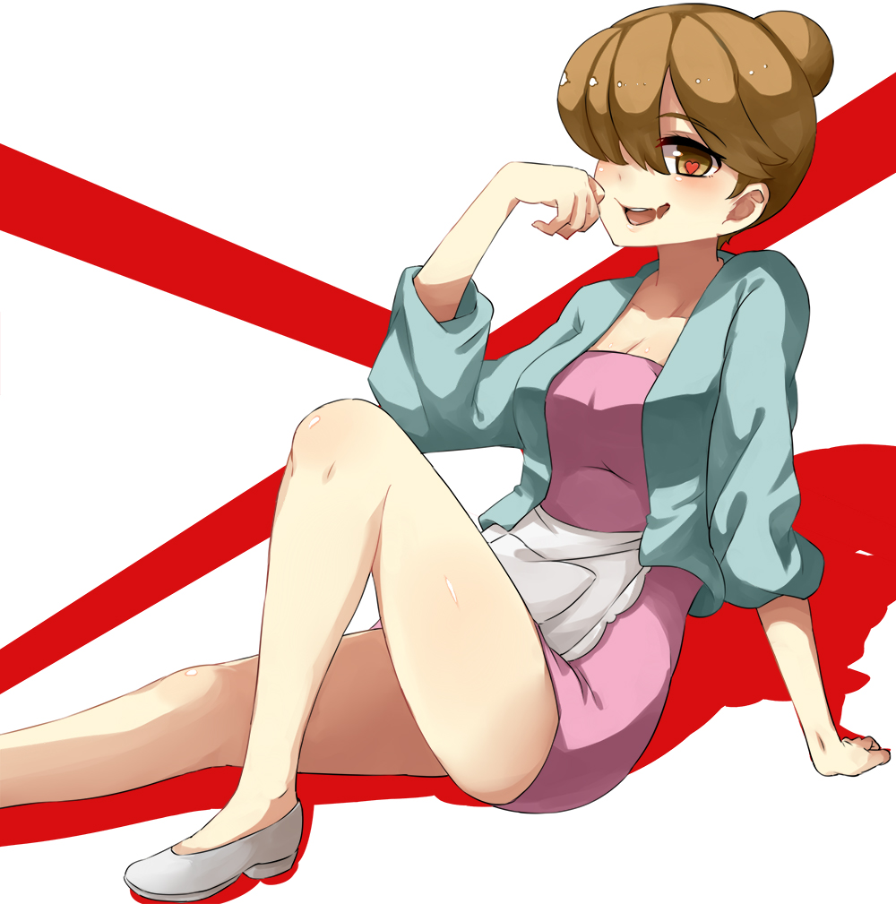 10s, 1girl, apron, brown_hair, dress, enki_(dragonfire), female_focus, hair_bun, hair_over_one_eye, heart, heart-shaped_pupils, housewife, kill_la_kill, mankanshoku_sukuyo, mature_female, no_socks, open_mouth, shoes, single_hair_bun, sitting, solo, symbol-shaped_pupils