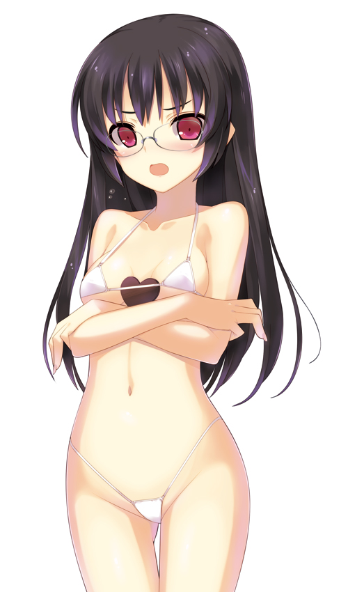 1girl, :o, bikini, black_hair, blush, candy, chocolate, chocolate_heart