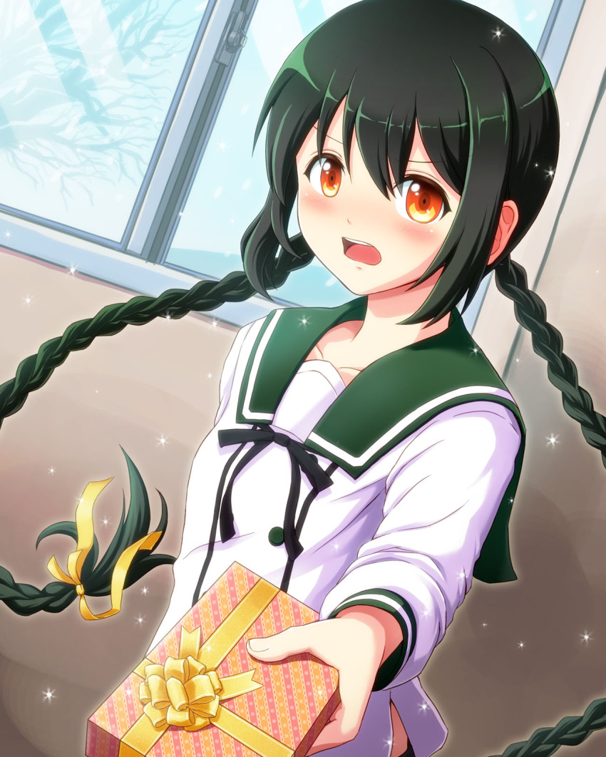 1girl, :d, black_hair, braid, brown_eyes, ensemble_girls!, female_focus, floating_hair, highres, incoming_gift, indoors, long_hair, long_sleeves, looking_at_viewer, looking_back, midori_fumi, open_mouth, outstretched_arm, sailor_collar, school_uniform, serafuku, shirt, smile, solo, striped, takamine_(smdx), takamine_tsukumo, twin_braids, valentine, vertical_stripes, white_shirt, window