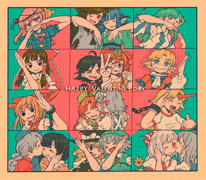 >_<, 6+girls, :d, :p, animal_ears, blonde_hair, blue_hair, blush, bow, braid, brown_eyes, brown_hair, closed_eyes, fujiwara_no_mokou, futatsuiwa_mamizou, glasses, green_eyes, hair_bow, hakurei_reimu, hat, hat_bow, hata_no_kokoro, heart, highres, hong_meiling, horns, hoshiguma_yuugi, houjuu_nue, houraisan_kaguya, ibuki_suika, imaizumi_kagerou, izayoi_sakuya, kamishirasawa_keine, kawashiro_nitori, kirisame_marisa, kiss, kochiya_sanae, long_hair, mizuhashi_parsee, multiple_girls, o3o, one_eye_closed, open_mouth, orange_hair, pink_hair, puckered_lips, raccoon_ears, red_eyes, red_hair, salute, sharp_teeth, silver_hair, single_braid, single_horn, smile, sweat, tears, teeth, tongue, tongue_out, touhou, twin_braids, valentine, very_long_hair, wakasagihime, wataori_(ippuku_shimasho), wataorinanndazev, wavy_mouth, webbed_hands, wink, witch_hat, xd, yagokoro_eirin, yuri