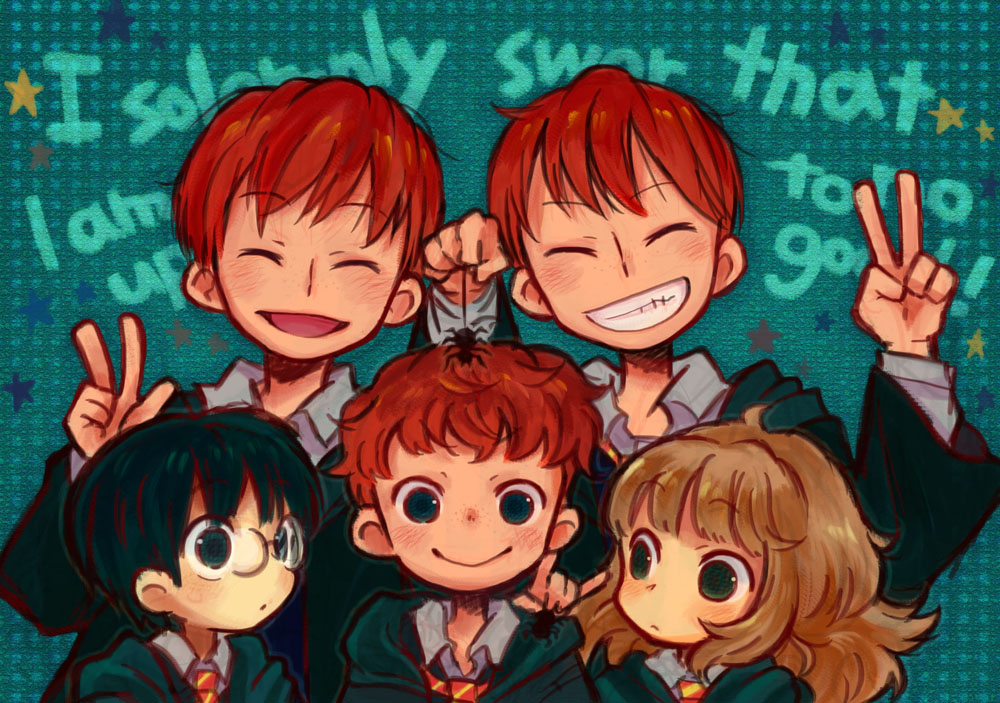 1girl, 4boys, ^_^, black_hair, blue_eyes, brothers, brown_eyes, brown_hair, bug, closed_eyes, english_text, fred_weasley, george_weasley, glasses, green_eyes, grin, harry_potter, harry_potter_(series), hermione_granger, multiple_boys, necktie, red_hair, ron_weasley, siblings, smile, spider, star_(symbol), twins, v, wataori_(ippuku_shimasho), wataorinanndazev, wizarding_world