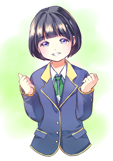 1girl, akb48, black_hair, blue_eyes, blush, clenched_hands, female_focus, hkt48