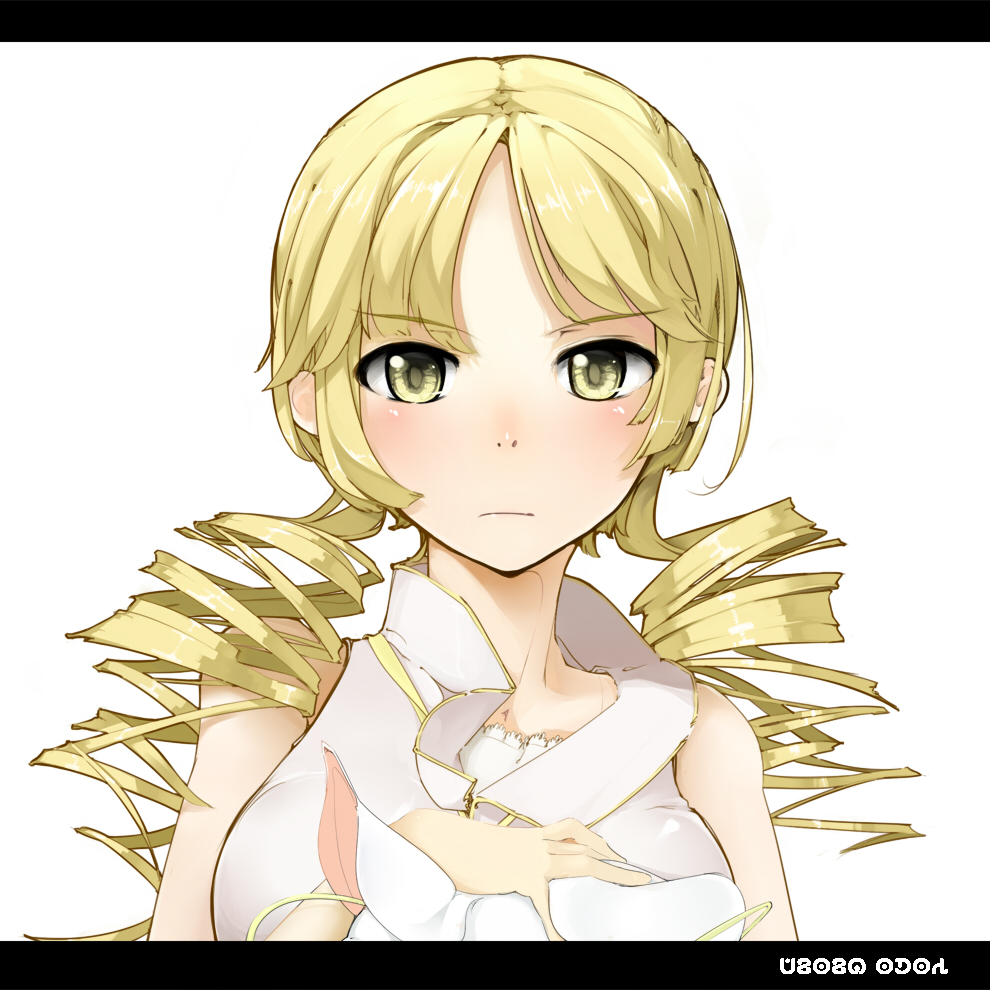 10s, 1girl, blonde_hair, drill_hair, j23, kyubey, letterboxed, magical_girl