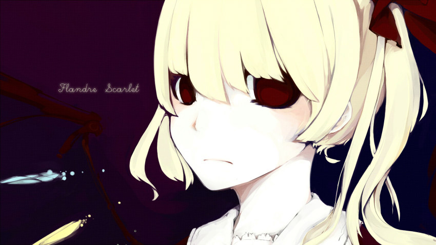 1girl, blonde_hair, flandre_scarlet, highres, j23, missing_headwear, red_eyes, ribbon