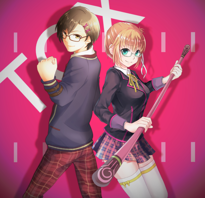 1boy, 1girl, alternate_costume, alternate_hairstyle, asazuke25, bespectacled, blazer, brown_eyes, brown_hair, clenched_hand, copyright_name, glasses, green_eyes, highres, jacket, jude_mathis, jude_mathis_(school_uniform), leia_rolando, leia_rolando_(school_uniform), official_alternate_costume, pants, pink_background, pink_skirt, plaid_clothes, plaid_skirt, school_uniform, short_hair, skirt, smile, staff, tales_of_(series), tales_of_xillia