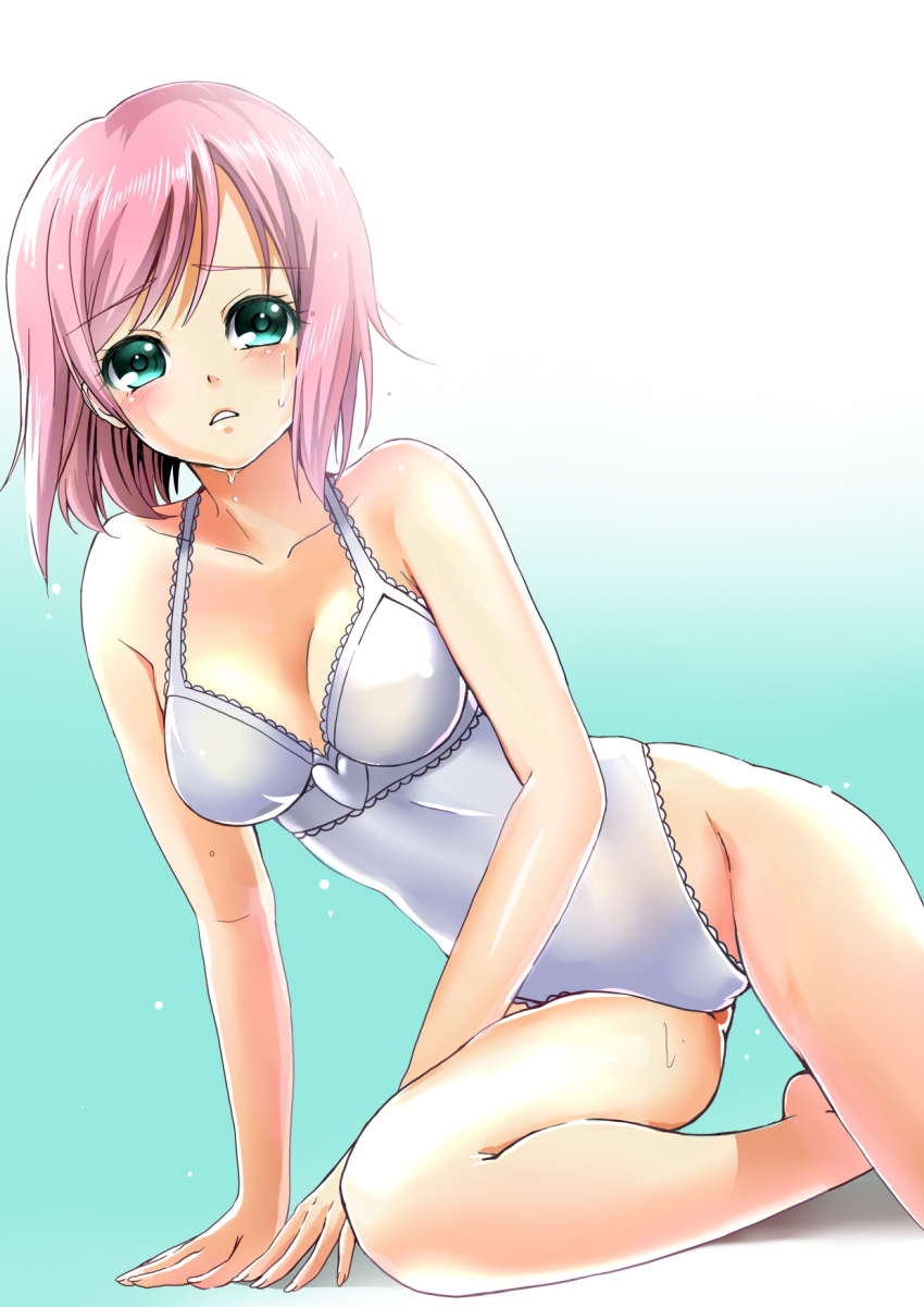00s, 1girl, aqua_background, bad_id, bad_pixiv_id, cameltoe, collarbone, estellise_sidos_heurassein, estellise_sidos_heurassein_(refreshing_dress), female_focus, gradient_background, green_eyes, highleg, highres, kneeling, official_alternate_costume, one-piece_swimsuit, pink_hair, short_hair, skybean, solo, swimsuit, tales_of_(series), tales_of_vesperia, wet, white_background, white_one-piece_swimsuit