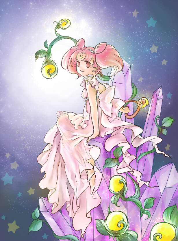 1990s_(style), 1girl, barefoot, bishoujo_senshi_sailor_moon, bishoujo_senshi_sailor_moon_supers, bow, chibi_usa, cone_hair_bun, crescent, crescent_facial_mark, crystal, crystal_carillon, double_bun, dress, facial_mark, female_focus, forehead_mark, full_body, hair_bun, looking_back, pink_dress, pink_eyes, pink_hair, retro_artstyle, short_hair, sitting, small_lady_serenity, smile, solo, star_(symbol), star_symbol_background, sugieri, twintails