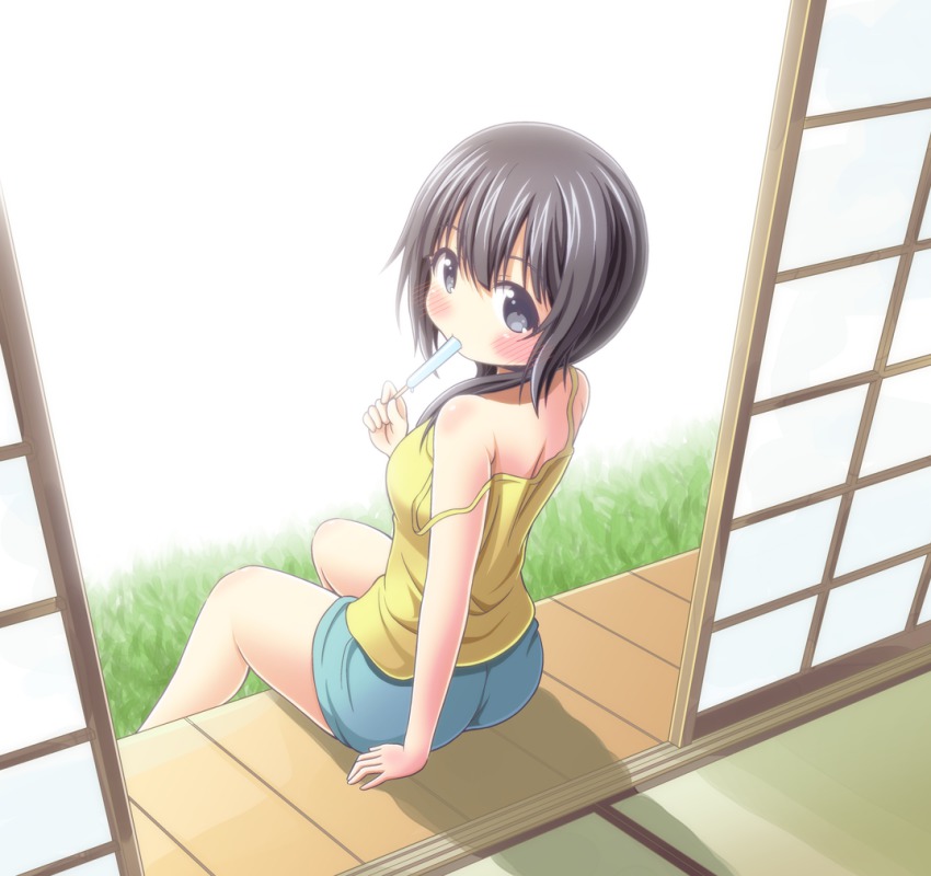 10s, 1girl, aiura, arm_support, ass, bare_shoulders, black_eyes, black_hair