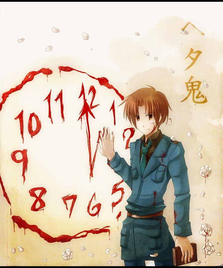 1boy, ahoge, axis_powers_hetalia, belt, blood, blood_on_clothes, book, brown_eyes