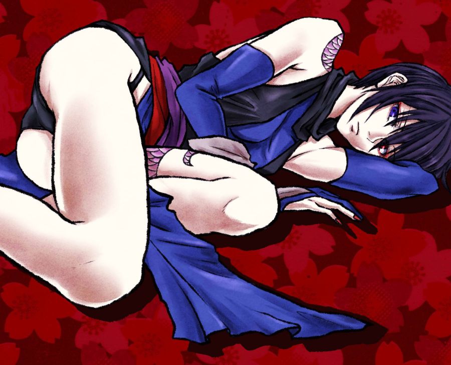 1girl, ass, bare_shoulders, black_hair, black_panties, bridal_gauntlets, eyeliner, female_focus