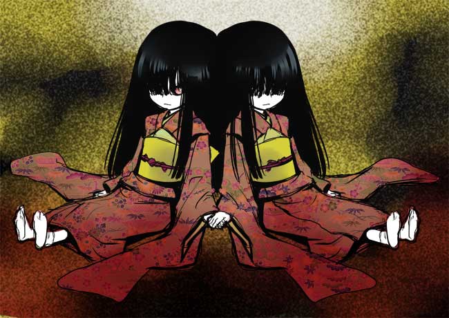 00s, 2girls, black_hair, fatal_frame, fatal_frame_ii:_crimson_butterfly, holding_hands, japanese_clothes, kimono